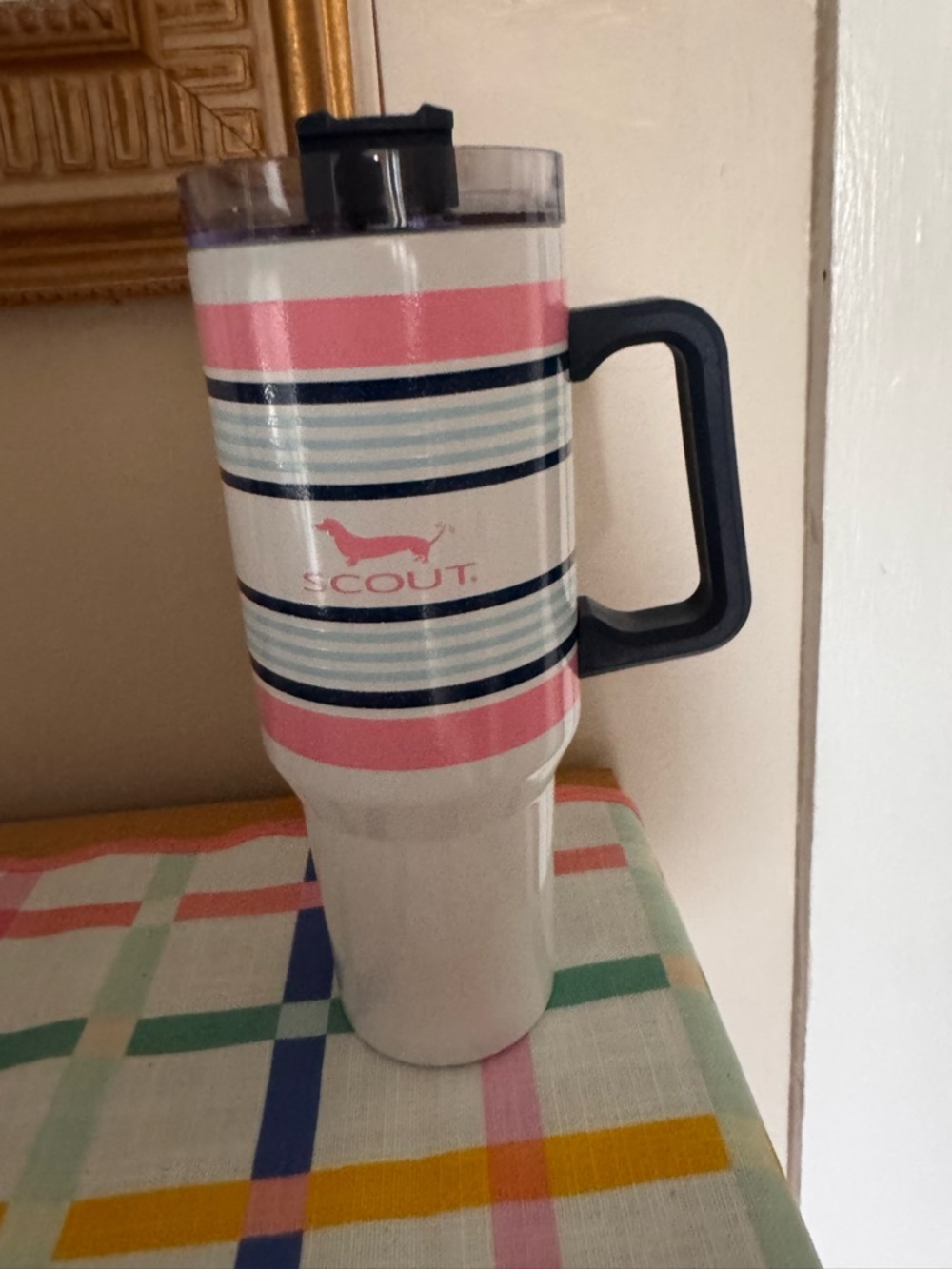 Scout Striped Insulated Travel Mug in Pink, Navy & Light Blue. Brand new!